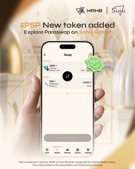 A promotional graphic for MRHB and SAHAL announcing '$PSP New token added' for ParaSwap on SAHAL Wallet, showing a phone interface swapping USDT (Solana) to PSP (Ethereum).