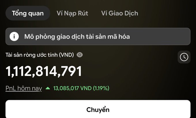 A Vietnamese cryptocurrency wallet interface showing a portfolio value of '1,112,814,791 VND' with today's profit of '13,085,017 VND (1.19%)'.