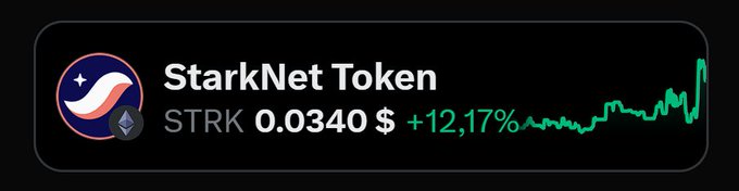 A cryptocurrency price widget displays StarkNet Token (STRK) at $0.0340, showing a 12.17% gain with a green upward trending chart. This visual reinforces the post's suggestion that STRK is beginning to show bullish momentum after a quiet period.