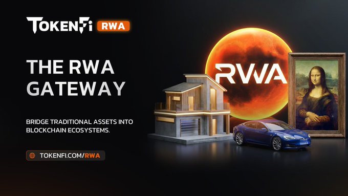 A promotional banner for TokenFi RWA reads "THE RWA GATEWAY" and "BRIDGE TRADITIONAL ASSETS INTO BLOCKCHAIN ECOSYSTEMS," featuring a modern house, a blue Tesla, and the Mona Lisa against a fiery orange moon labeled "RWA," visually representing the tokenization of real-world assets like real estate, vehicles, and art.