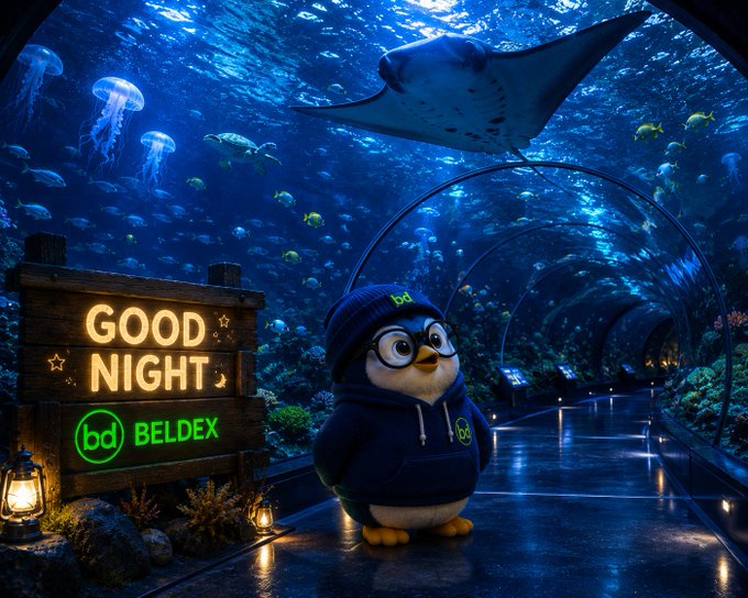 A cute penguin mascot wearing a beanie and glasses stands in an underwater aquarium tunnel next to a glowing "GOOD NIGHT" sign featuring the "BELDEX" logo, with a stingray and jellyfish swimming overhead. The image visually reinforces the post's evening farewell to the crypto community (CT) while highlighting Beldex's brand as a privacy-focused project.