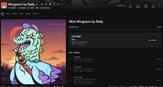 A webpage showing 'Mint Wingston by Rally' NFT collection featuring a cartoon green dinosaur character wearing a purple hat with a sword, with a GTO mint schedule (GTD, FCFS, Public stages) and a countdown timer.