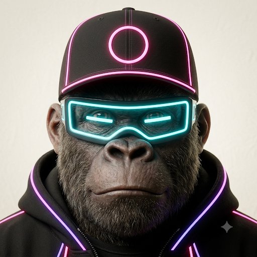 A digital illustration of a chimpanzee wearing a black cap with a pink circle design, neon cyan goggles, and a black hoodie with pink neon accents.