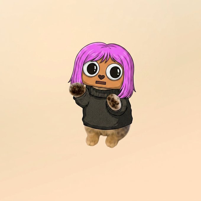 A whimsical digital illustration shows a cartoon cat character with bright pink hair, large eyes, and a gray sweater posing against a plain beige background.