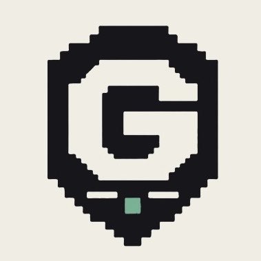 A pixelated black and white logo featuring a stylized letter "G" inside a shield or badge shape, with a small teal accent at the bottom.