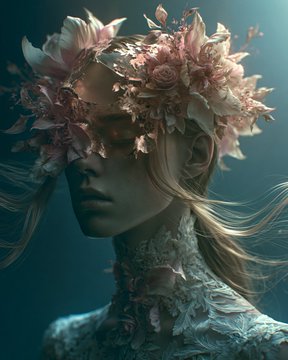 An artistic portrait of a serene woman wearing an elaborate crown of pink roses and flowers, with pale skin and flowing blonde hair against a teal background.