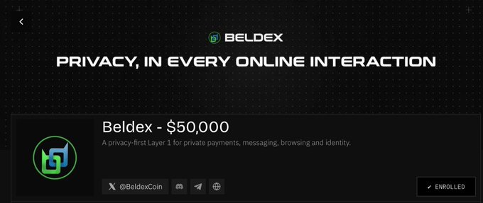 BELDEX promotional page reading 'PRIVACY, IN EVERY ONLINE INTERACTION' for the Beldex - $50,000 program, marked as ENROLLED.