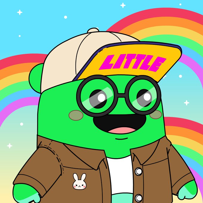 A cheerful green cartoon character wearing round glasses, a brown jacket with a bunny pin, and a cap reading "LITTLE" stands before a vibrant rainbow background, matching the post's promotion of a Little Guys NFT giveaway during a "Marsh Mayhem" Discord event.