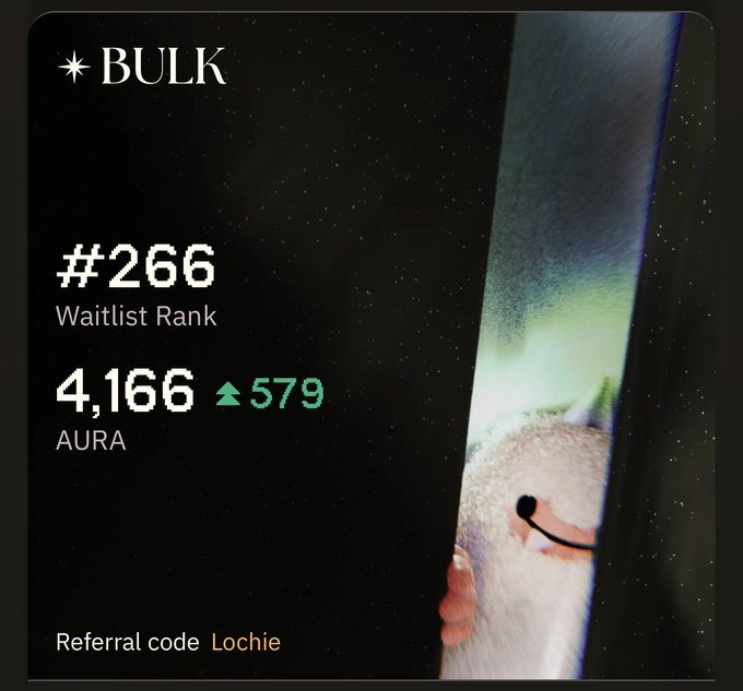 A digital dashboard for 'BULK' displays a waitlist rank of #266 and 4,166 AURA with an increase of 579, alongside a referral code 'Lochie' and a partial view of a cute character.