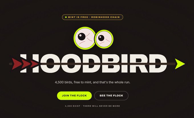 A promotional banner for "HOODBIRD" featuring cartoon googly eyes with an arrow through the logo, advertising 4,500 free-to-mint birds on Robinhood Chain with the tagline "MINT IS FREE - ROBINHOOD CHAIN."