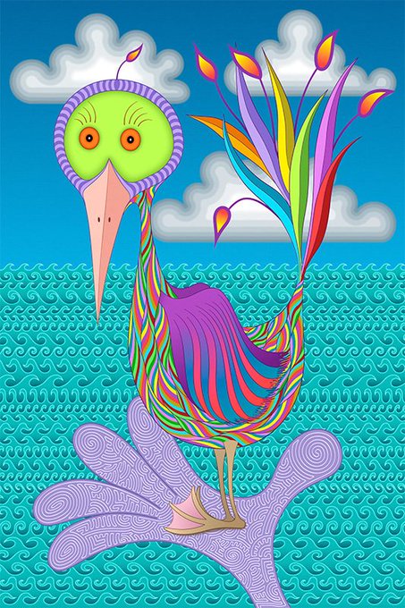 A colorful illustration of a stylized, long-necked bird with a vibrant striped body, standing on a purple patterned star shape against a turquoise wavy sea and blue sky.