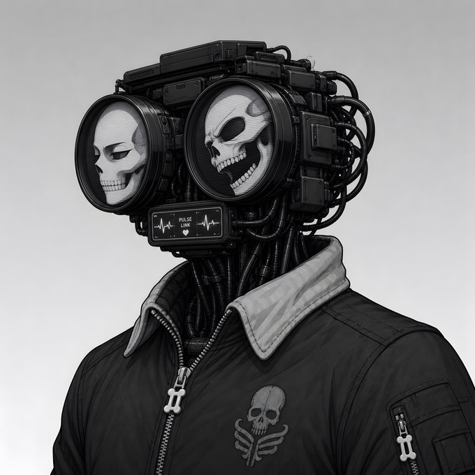A cybernetic figure with twin skull-display lenses and a "PULSE LINK" readout on its chest wears a jacket emblazoned with a skull-and-wings emblem, echoing the post's "Paradox" transparency about allocations, raffles, and collector distributions. The mechanical, skull-masked aesthetic reinforces the cryptic, unveiling tone of the message addressing top holders and minters.