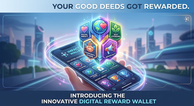 A hand holds a smartphone displaying the "Impact Wallet" app with hexagonal trophy icons labeled "Social Impact," "Eco Steward," "Community Loyalty," and "Advocacy," set against a futuristic cityscape. The banner text reads "YOUR GOOD DEEDS GOT REWARDED" and "INTRODUCING THE INNOVATIVE DIGITAL REWARD WALLET," promoting the PX Ledger platform on Sui Network that transforms social actions and event participation into digital rewards.