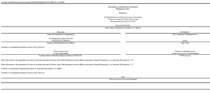 The image shows an SEC Form 8-A filing from the Securities and Exchange Commission dated June 20, 2025, titled "Form 8.A - For Registration of Certain Classes of Securities Pursuant to Section 12(b) or (g) of the Securities Exchange Act of 1934" for NYSE Arca, Inc., with fields for registrant information, ticker symbol, and Securities Act registration details (333-286091) yet to be filled in.

This blank regulatory filing template corresponds to Bitwise's newly approved NEAR Protocol ETF, which the accompanying post confirms will trade under the ticker "NRR" on NYSE Arca while awaiting SEC effectiveness.
