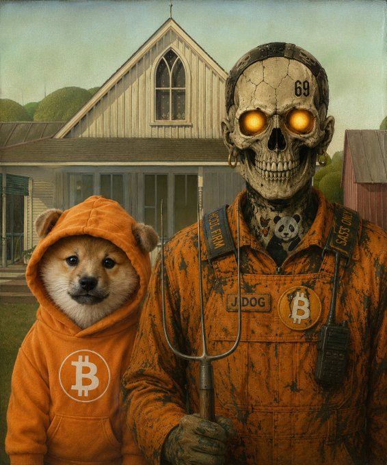 In the image, there are two people standing next to each other - one person wearing an orange hoodie with a white "B" logo and another person dressed as a dog wearing an orange hoodie. The background features a house and trees, creating a unique and artistic scene. The caption of the post reads: "The ‘ $DOG Bitcoin Gothic’." This phrase is likely a reference to the painting or illustration that includes elements from both the human figure in the foreground and the dog character in the background.