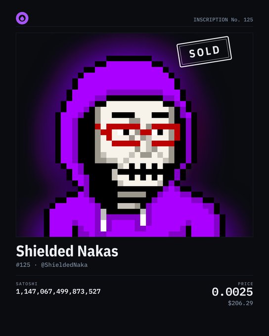 A digital NFT-style profile card featuring pixel art of a skeleton with red glasses wearing a purple hoodie, labeled 'Shielded Nakas' (#125 @ShieldedNaka), marked as SOLD for 0.0025 SATOSHI ($206.29), with inscription No. 125.