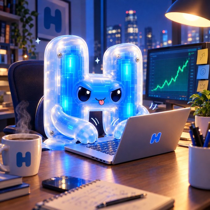 A 3D illustration of a cute, glowing blue glass-like 'H' character working at a desk with a laptop, coffee mug, and monitor showing a rising chart.