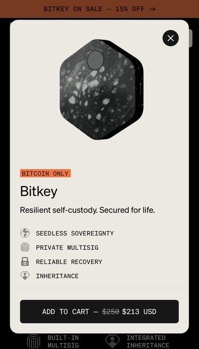 A promotional popup for "Bitkey," a Bitcoin-only self-custody wallet on sale for $213 USD (15% off from $250), highlighting features like seedless sovereignty, private multisig, reliable recovery, and inheritance. The image directly relates to the post by showcasing the Bitkey wallet product, which Jack Dorsey is offering with free next-day shipping.