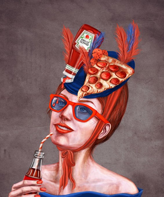 A stylized digital painting of a woman with red hair wearing blue-tinted red sunglasses, with a small hat on her head adorned with a ketchup bottle, pizza slice, feathers, and dice, while drinking from a bottle with a red and white striped straw.