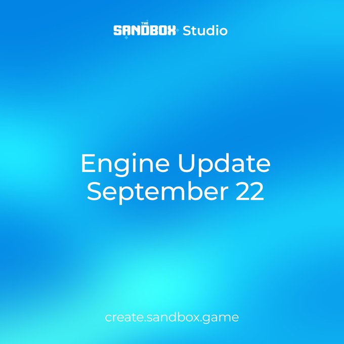 A bright blue gradient graphic from The Sandbox Studio announcing the "Engine Update September 22," with "create.sandbox.game" displayed at the bottom, serving as a promotional header for the post detailing new features like the Particle Editor overhaul, faster physics queries, and RTS game example templates.