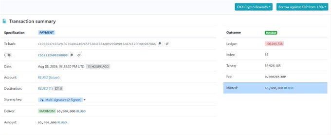 A transaction summary screen showing a successful payment of 65,000,000 RLUSD (Issuer) to RLUSD (1) (DEX), with the outcome listed as SUCCESS.