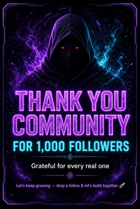 A 'Thank You Community for 1,000 Followers' graphic featuring a hooded figure with glowing red eyes surrounded by purple and cyan nebula effects.
