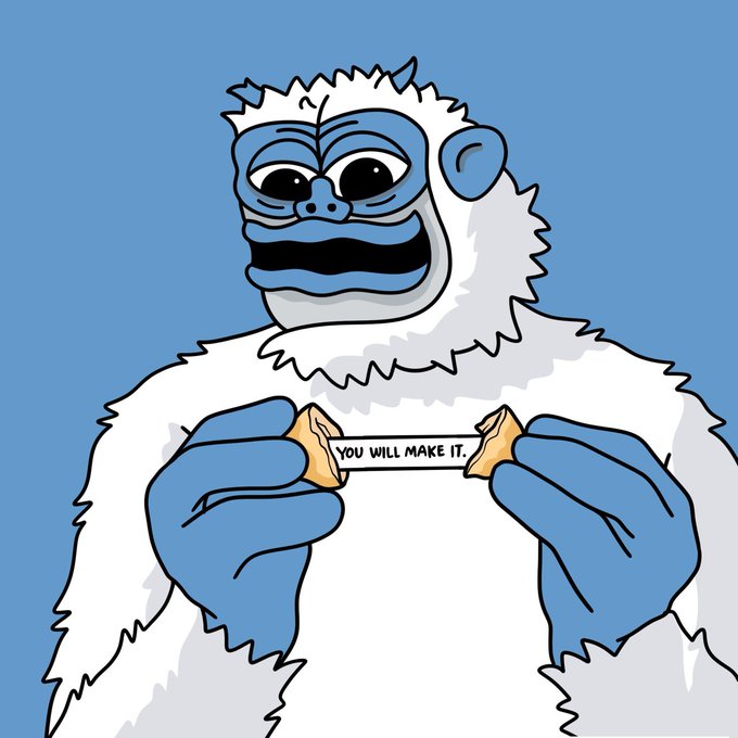 A cartoon yeti with blue skin holds up a fortune cookie containing the message "YOU WILL MAKE IT," serving as a positive visual to celebrate the poster's 45-day-old bullish thesis on $LOFI and the $SUI ecosystem playing out as predicted.