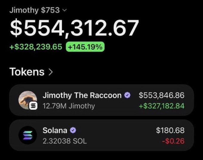 A cryptocurrency portfolio screenshot displays a $554,312.67 total balance (+$328,239.65, +145.19%) under the account name "Jimothy $753," with holdings primarily in "Jimothy The Raccoon" ($553,846.86, +$327,182.84 from 12.79M tokens) and a small Solana position ($180.68). The image serves as visual proof of the post's claim of turning $350 into over $500,000 on the $JIMOTHY token.