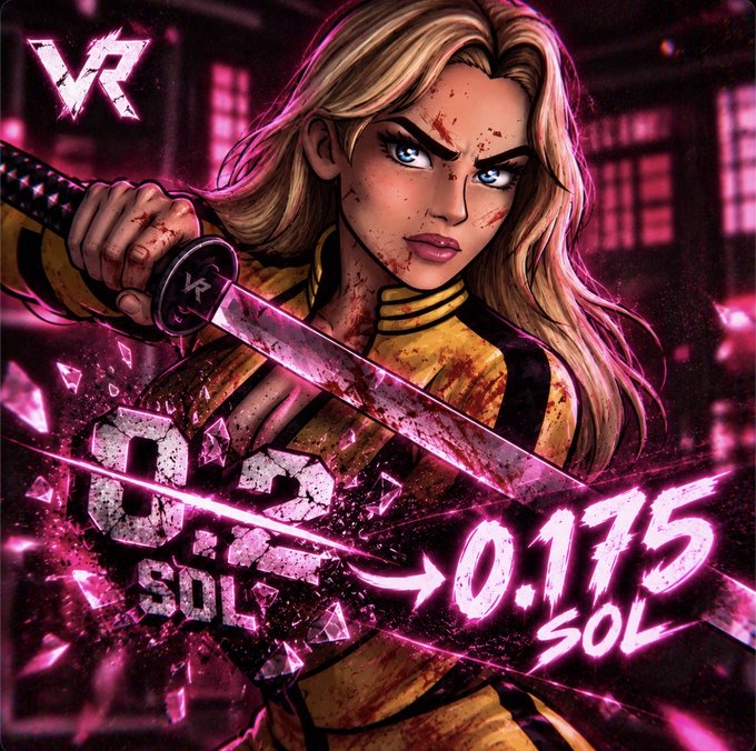 Stylized digital illustration of a blonde female warrior in a yellow outfit holding a katana, with pink neon text displaying 'VR', '0.2 SOL', and '0.175 SOL' overlaid.