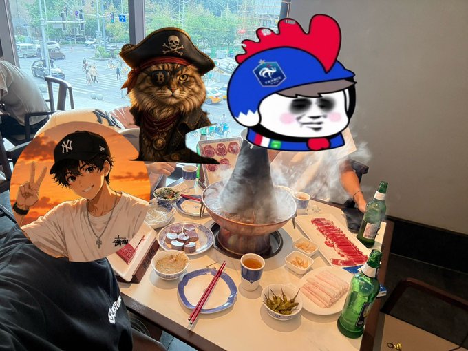 A hot pot meal with various ingredients and chopsticks on a restaurant table, with three cartoon character stickers—a pirate cat, a Chinese flag-themed head, and a baseball cap-wearing anime character—covering the faces of the diners.