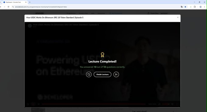The image shows a browser window displaying a "Lecture Completed!" notification for Episode 5 of the "How USDC Works On Ethereum: ERC-20 Token Standard" course on the programmable.money bootcamp platform, with text confirming "You answered 10 out of 10 questions correctly." This celebrates the completion of Day 5 in the Arc bootcamp series, highlighting mastery of the ERC-20 token standard concepts mentioned in the post.