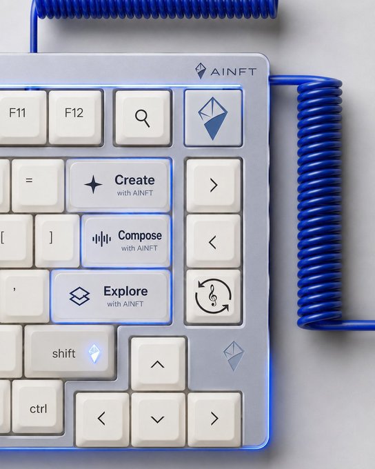 A stylized keyboard featuring custom keys labeled 'Create with AINFT', 'Compose with AINFT', and 'Explore with AINFT', with the AINFT logo visible at the top.