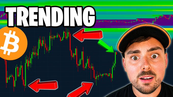 A YouTube-style thumbnail with the word "TRENDING" and a Bitcoin logo showing a candlestick chart with red arrows pointing to trend reversals, alongside a surprised man's face on the right.
