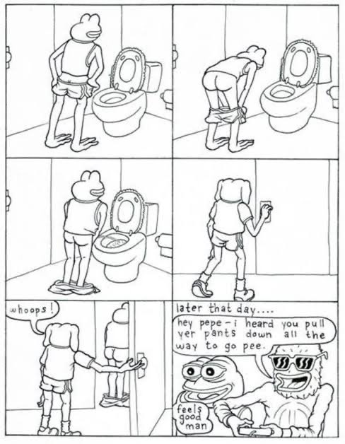 The image is a six-panel comic featuring Pepe the Frog pulling his pants down to use the toilet, with the final panels showing him at a urinal saying "whoops!" and another frog with sunglasses commenting "hey pepe—i heard you pull yer pants down all the way to go pee... feels good man."

The comic visually represents the post's claim that Pepe's iconic "feels good man" phrase originated from him pulling his pants all the way down to urinate, illustrating the post's argument that "things always come full circle" back to this original Pepe moment in meme history.