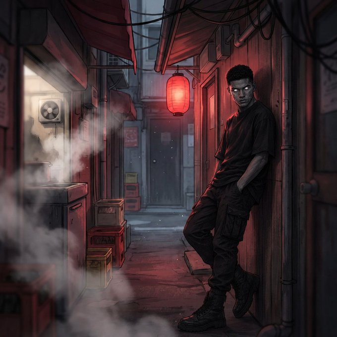 An anime-style digital illustration of a dark-skinned young man leaning against a wall in a moody, red-lit alleyway, with a red paper lantern glowing overhead and steam rising from a nearby kitchen.