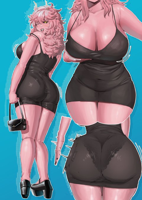 An anime-style illustration depicts a pink-haired character named Mina, likely Ashido Mina from My Hero Academia, shown in multiple angles wearing a form-fitting black dress with pink platform heels. The artwork showcases detailed character design references and sketch components on a teal background, supporting the artist's claim about their popular Mina drawing.