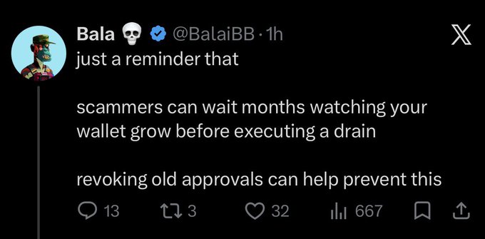 Screenshot of a tweet from verified user 'Bala 💀 @BalaiBB' reminding followers that 'scammers can wait months watching your wallet grow before executing a drain' and advising to revoke old approvals.