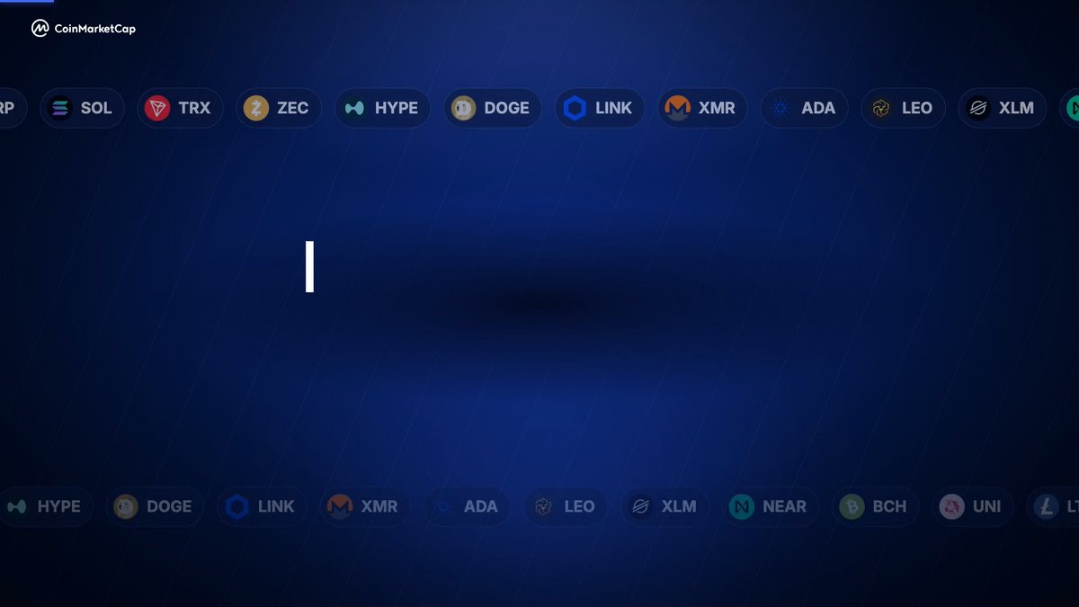 A CoinMarketCap interface displays a dark blue gradient background with a horizontal scrolling ticker of cryptocurrency names including SOL, TRX, ZEC, HYPE, DOGE, LINK, XMR, ADA, LEO, and XLM, with a second row showing HYPE, DOGE, LINK, XMR, ADA, LEO, XLM, NEAR, BCH, UNI, and more—visually representing the extensive multi-market crypto coverage mentioned in the API promotional post.