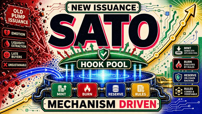 The image features an advertisement for a new mechanism called "SATO" that is being used for crypto asset issuance. The poster includes various symbols, such as a shield with a sword, a computer mouse, and a fire extinguisher, which represent different aspects of the new mechanism. The text on the poster explains how this innovation is changing the way assets are issued by focusing on creating emotion, attracting liquidity, and ensuring that the risk is distributed among those who come later.