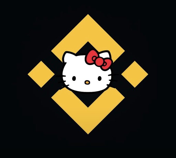 A Hello Kitty logo featuring the white cat's face with a red bow centered on a black background, surrounded by yellow diamond shapes arranged in a geometric pattern reminiscent of the Binance logo.