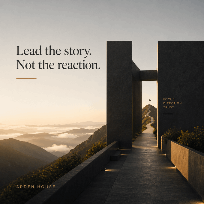 A minimalist architectural scene showing a concrete structure overlooking misty mountains with the text 'Lead the story. Not the reaction.' and 'ARDEN HOUSE'.