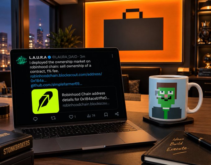 A laptop displays a tweet from L.A.U.R.A. (@LAURA_DAIO) announcing the deployment of an ownership market on Robinhood Chain with a 1% fee, alongside a green pixelated character mug in a sleek office setting, visually tying the blockchain contract ownership transfer concept to a casual, tech-forward workspace.