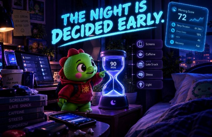 A cartoon green dinosaur character stands next to a glowing hourglass showing "90 MIN" in a dimly lit room. The text "THE NIGHT IS DECIDED EARLY" appears at the top, with a "Morning Score" of 72 and categories for Screens, Caffeine, Late Snack, Stress, and Light displayed.