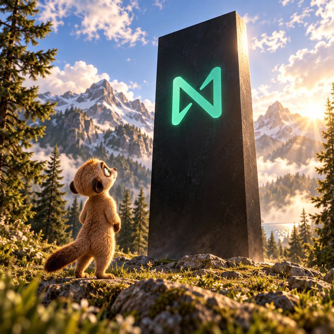 A digital illustration of a small, cute furry animal standing on a rocky outcrop, looking up at a glowing green 'N' logo on a tall black monolith in a scenic mountain landscape.