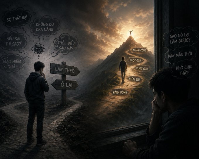 A conceptual image shows a young man at a crossroads with a signpost pointing to 'LÀM THEO' (Follow) and 'Ở LẠI' (Stay), surrounded by negative thought bubbles in Vietnamese, while another figure looks on toward a mountain peak with words like 'THÀNH CÔNG' (Success), 'VƯỢT QUA' (Overcome), and 'HÀNH ĐỘNG' (Action).