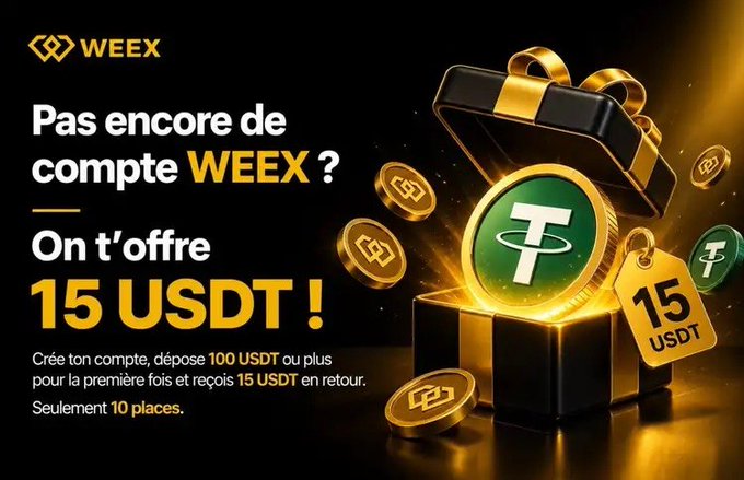 The image features an advertisement for a cryptocurrency called Tether (ETH). The text on the image reads "Pas encore de compétenon WEEX? On t'offre 15 usdt!". This suggests that there's a promotional offer for joining the cryptocurrency exchange, where new users can receive a 15 USDT bonus after completing some basic steps.