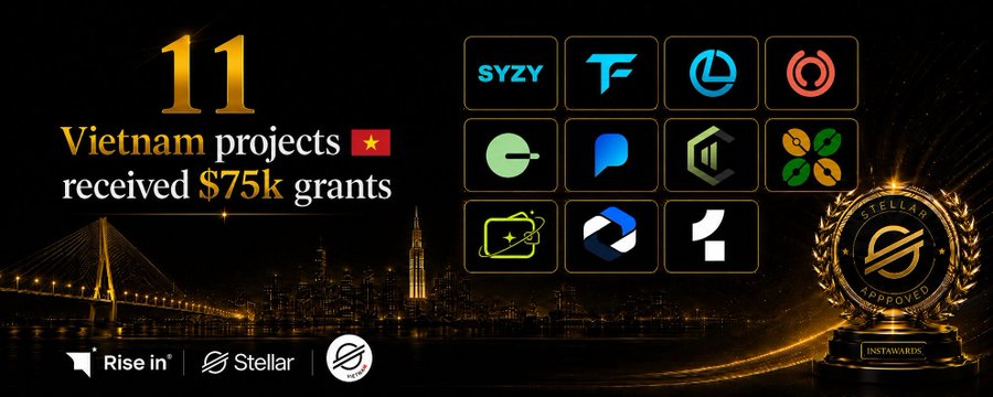 A promotional graphic stating '11 Vietnam projects received $75k grants' alongside various project logos, a 'Stellar Approved' badge, and a cityscape background with logos for Rise In, Stellar, and another sponsor.
