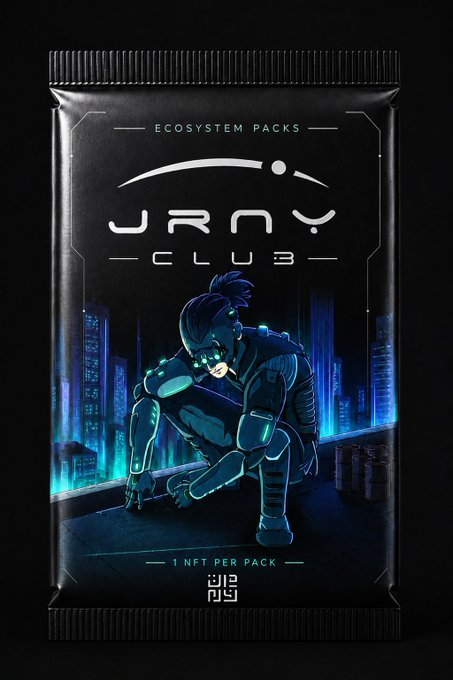 A black and blue digital art pack labeled 'JROY CLUB - ECOSYSTEM PACKS' featuring a cybernetic samurai character in a neon-lit cityscape, indicating '1 NFT PER PACK'.
