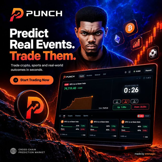 An advertisement for PUNCH, a crypto and real-world event prediction market, featuring a man with an afro and the tagline 'Predict Real Events. Trade Them.'