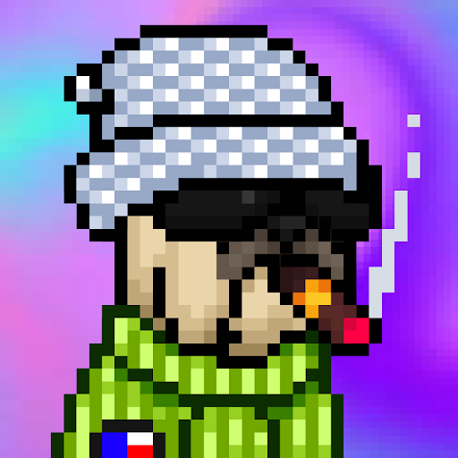 A pixel art style illustration of a person with a checkered head covering, black sunglasses, and a green striped shirt smoking a cigarette.